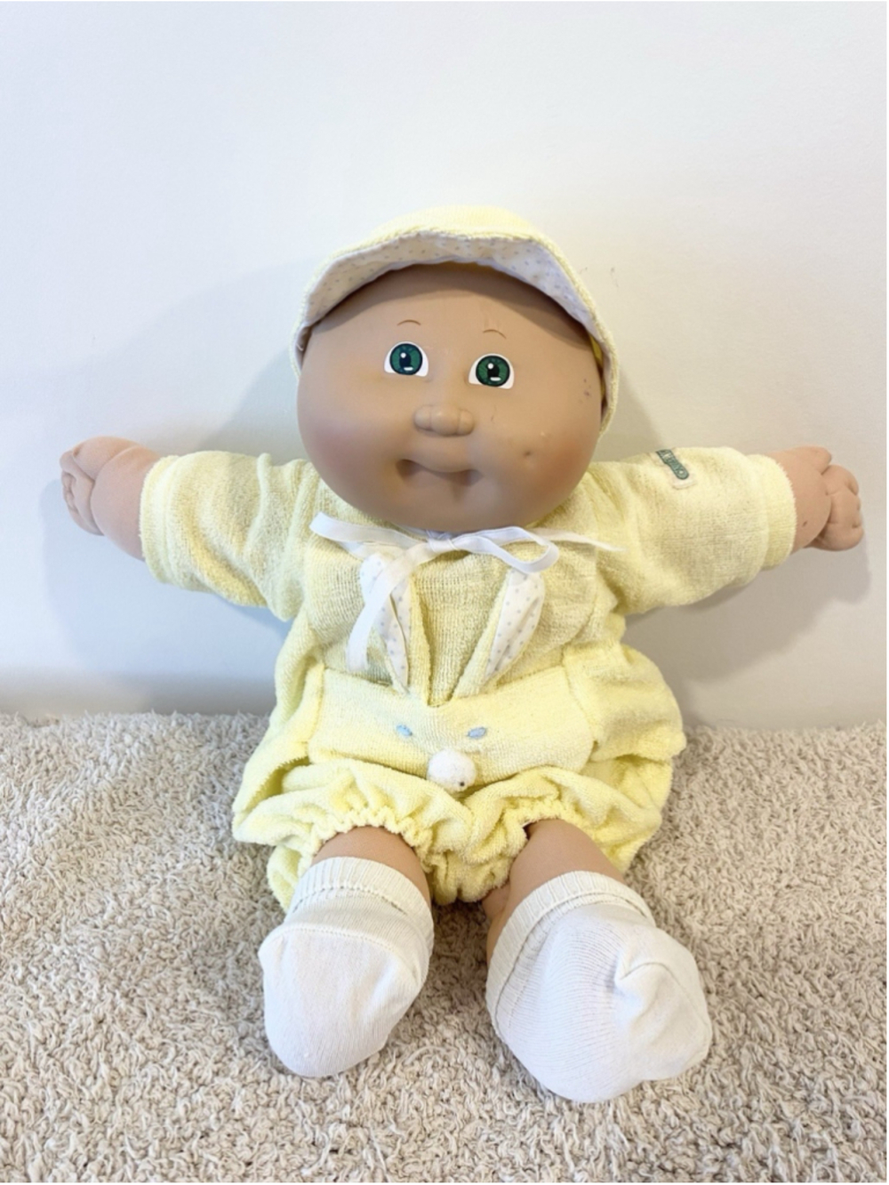 Vintage Cabbage Patch Kids Baby Doll Yellow Bunny Outfit Hat Coleco 1982 15”